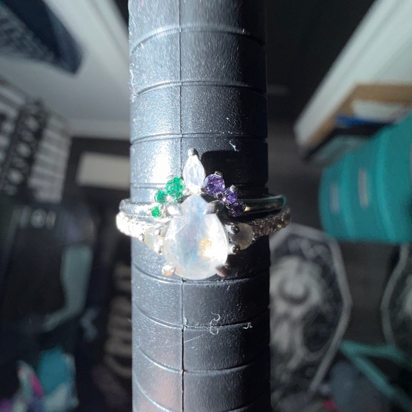Custom Made Jewelry - Moonstone pear engagement ring and wedding band featuring Emeralds & Amethysts
